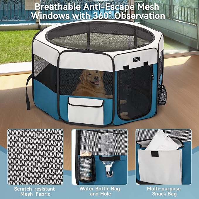 PETSFIT 45.5" Dog Playpen Indoor/Outdoor-Jump-Proof 28.5" Height with Removable Waterproof Mat & Zippered Roof | RV, Camping, Travel Dog Pen | Whelping & Cat Observation Space(45.5"L x 45.5"W x 28.5H)