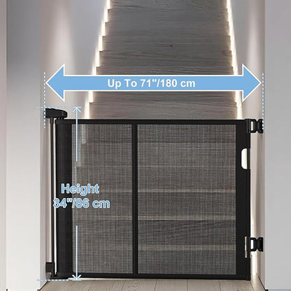 71 inches Extra Wide Retractable Baby Gate, 34 inches Tall Pet Gate for Stairs, Hallways, Kitchens, Safety Mesh Barrier for Kids and Dogs, Indoor Outdoor Use, Black
