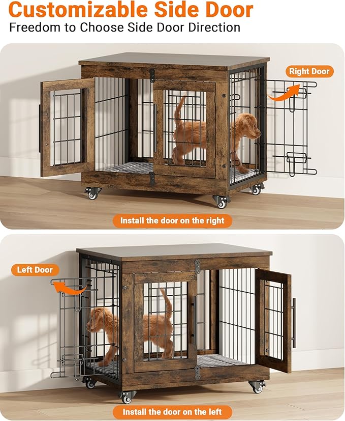 YaFiti Dog Crate Furniture with Cushion, Wooden Dog Kennel Indoor with Double Doors, Dog Cage with Wheels, Dog House Side End Table for Small Dogs up to 30 lb, 27.2" L, Rustic Brown
