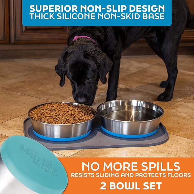 Master Pet Supply Stainless Steel Dog Bowls Set of 2 with Extra Thick Silicone Base - 16 Cup (128 oz) Aqua Sky, Non-Slip, Dishwasher Safe Metal Bowls, Pet Dog Food Bowl for Dogs, Cats, Anti Rust