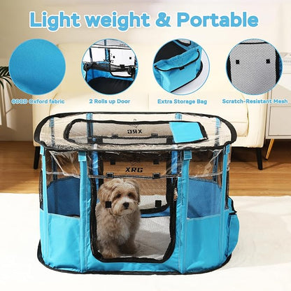 Portable Pet Playpen with Waterproof pad,Collapsible Crates Kennel Playpen for Dog cat and Rabbit &Travel playpen Outdoor or Indoor (Large（35.4" L x 27.6" W x 23.6" H）, Clear Blue)