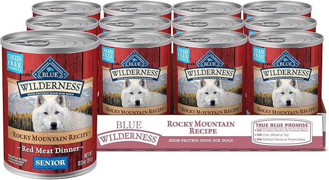 Blue Buffalo Wilderness Rocky Mountain Recipe Senior Wet Dog Food, High-Protein & Grain-Free, Made with Natural Ingredients, Red Meat Recipe, 12.5-oz. Cans (12 Count)