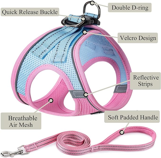 Dog Harness with Leash Set, No Pull Adjustable Reflective Step-in Puppy Pet Vest Harnesses for Small Medium Large Dogs and Cats,Pink Green XXS