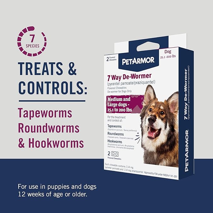 PetArmor 7 Way De-Wormer for Dogs, Oral Treatment for Tapeworm, Roundworm & Hookworm in Large Dogs & Puppies (Over 25 lbs), Worm Remover, Puppy Dewormer (Praziquantel & Pyrantel Pamoate), 2 Chewables