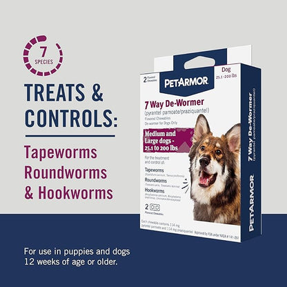 PetArmor 7 Way De-Wormer for Dogs, Oral Treatment for Tapeworm, Roundworm & Hookworm in Large Dogs & Puppies (Over 25 lbs), Worm Remover, Puppy Dewormer (Praziquantel & Pyrantel Pamoate), 2 Chewables