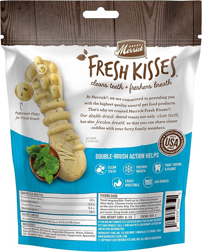 Merrick Fresh Kisses Natural Dental Chews Toothbrush Treat Shape Infused With Real Mint For Tiny Dogs 5-15 Lbs - 20 ct. Bag
