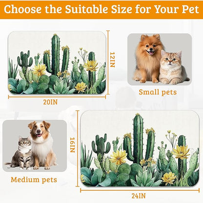 Tropical Cactuses Feeding Mat,Blooming Succulents Absorbent Quick-Dry Cat Dog Food and Water Bowl Mats,Non-Slip Rubber Backing Mat,Cat Dog Accessories Supplies 16" x 24"