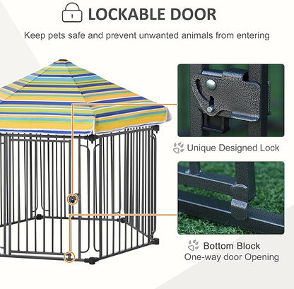 PawHut 48" x 41" Heavy-Duty Metal Dog Playpen, Outdoor Pet Cage Kennel, Puppy Exercise Fence Barrier with Weather-Resistant Polyester Roof, Locking Door, & Metal Frame