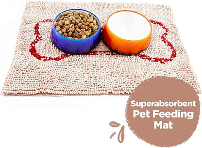 Soggy Doggy Slopmat Dog Food Mat – Absorbent Microfiber Chenille Pet Feeding Mat for Food & Water Bowls, Muddy Paws Small Doormat, Non-Slip, Machine Washable Rug – Beige/Red Bone, 18” x 24”