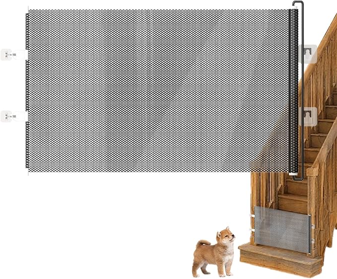 Dog Gate for Stairs- Bretractable Pet Gate, Door Gates for Pets |,No Drilling Safety Barriers 49 Inch Wide for Stairway Hallway Patio Porch Yard Balcony Deck Bathroom Garage