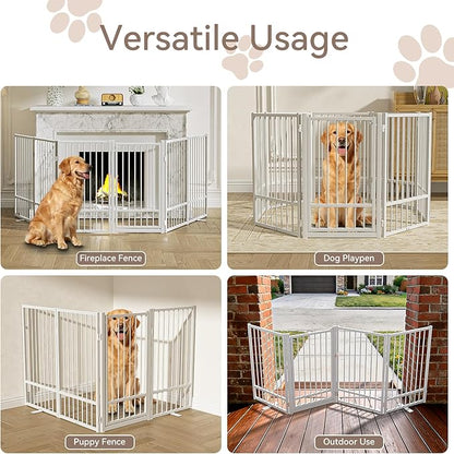 SNUOWU Full Metal Freestanding Dog Gate with Door, 36''Height Foldable Pet Dog Fence for Indoor & Outdoor, 8 Panels Extra Wide Free Standing TallDog Gates for Doorways,House,Stairs,Porch,Deck,Yard