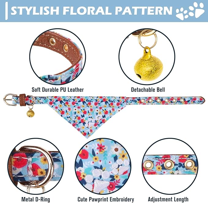 EXPAWLORER Dog Collar and Leash Set - Embroidery Floral Dog Bow Tie and Bandana Collar with Bell, Cute Flower Pet Collars and Rotating Leash No Tangle for Outdoor Walking, Blue S