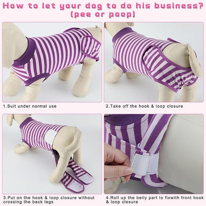 2 Packs Breathable Cotton Dog Recovery Suit for After Neuter Spay Abdominal Wounds Protector, Professional Anti-Licking Onesies for Male Female Pets Surgery Bandages, S Purple & Pink Stripes