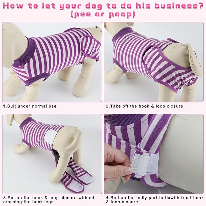 2 Packs Breathable Cotton Dog Recovery Suit for After Neuter Spay Abdominal Wounds Protector, Professional Anti-Licking Onesies for Male Female Pets Surgery Bandages, XL Purple & Pink Stripes