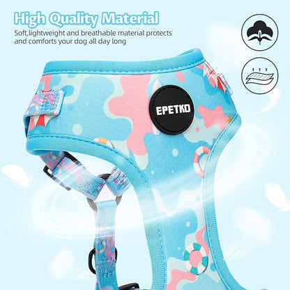 Small Dog Harness and Leash Set of 6, No Pull Soft Lightweight Mesh Puppy Harness， Adjustable Cute Floral Pattern Pet Harness for Small Medium Dogs (Blue Sea, L)