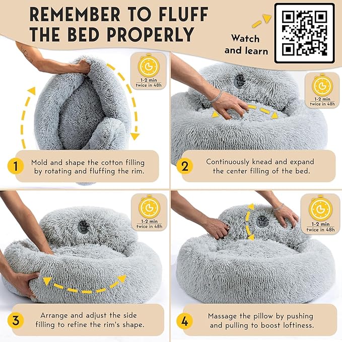 PetJett Small Dog Bed - 23'' Round Dog Beds, Calming Puppy Bed - Anti-Slip & Washable Super Soft Fluffy Plush Faux Fur Pet Bed, Anti-Anxiety Premium Comfort Donut Bed,Fits Dogs upto 25 lbs,Bright Gray