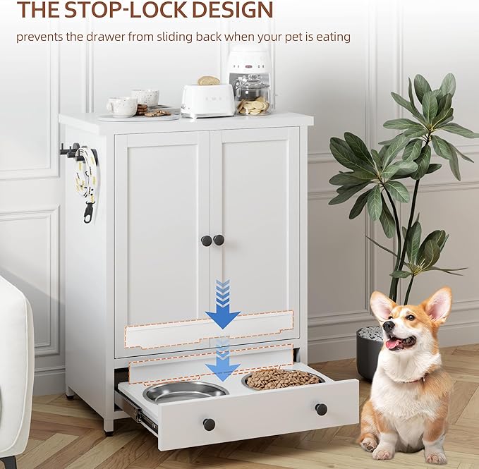 Dog Feeding Station with Storage, Metal Dog Food Storage Cabinet with 2 Elevated Bowls and 3 Hooks, Pet Feeding Station and Dogs Food Storage Organizer, White