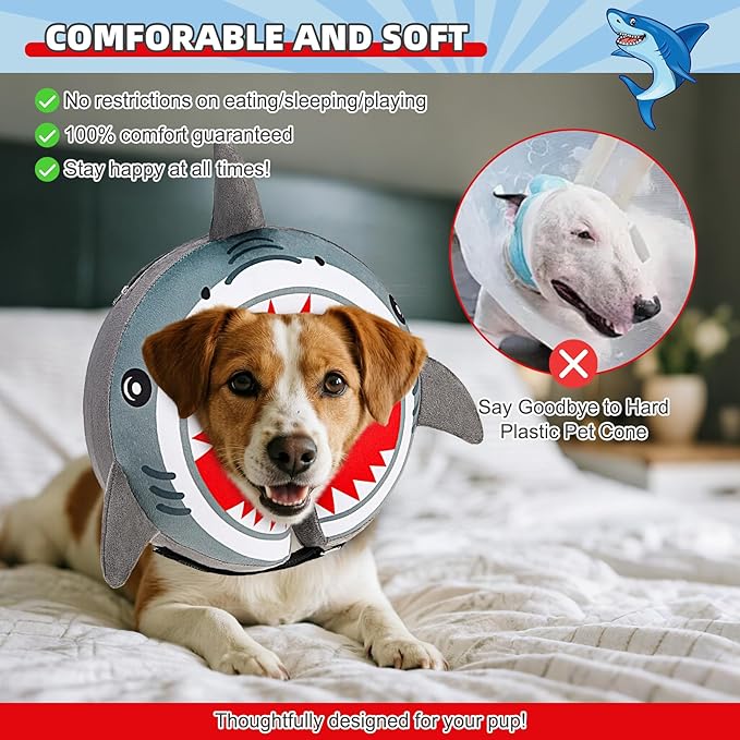 KOOLTAIL Inflatable Dog Cone Collar, Soft Donut E Collar for Dogs After Surgery to Stop Licking Enhanced Alternative, Blow Up Pet Neck Pillow Recovery Adjustable Cone for Dog Cat, Upgrade Size,Shark L
