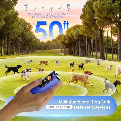 Dog Bark Deterrent Device & Anti Barking Device for Dogs, 50FT Ultrasonic Dog Trainer - Silent to Humans, Safe, Humane, Long-Lasting Rechargeable Blue Handheld with LED, Indoor/Outdoor