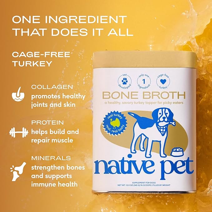Native Pet Bone Broth for Dogs and Cats - Turkey Bone Broth Powder Dog Food Toppers for Picky Eaters - Provides Extra Nutrition for Joint Strength, Immune Support & Heart Health - 192 Scoops