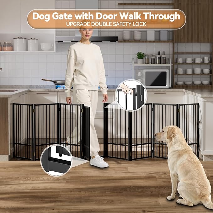 SNUOWU Full Metal Freestanding Dog Gate with Door, 32''Height Foldable Pet Dog Fence for Indoor & Outdoor, 8 Panels Extra Wide Free Standing TallDog Gates for Doorways,House,Stairs,Porch,Deck,Yard