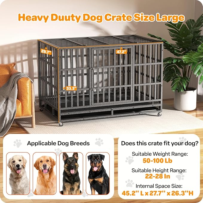 Hiwokk 48 Inch Heavy Duty Dog Crate, Indestructible Escape-Proof Dog Kennel for High Anxiety Large Dogs, Strong Metal Pet Cage with Double Doors, Lockable Wheels & Removable Tray, XL XXL XXXL