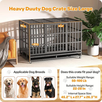 Hiwokk 48 Inch Heavy Duty Dog Crate, Indestructible Escape-Proof Dog Kennel for High Anxiety Large Dogs, Strong Metal Pet Cage with Double Doors, Lockable Wheels & Removable Tray, XL XXL XXXL