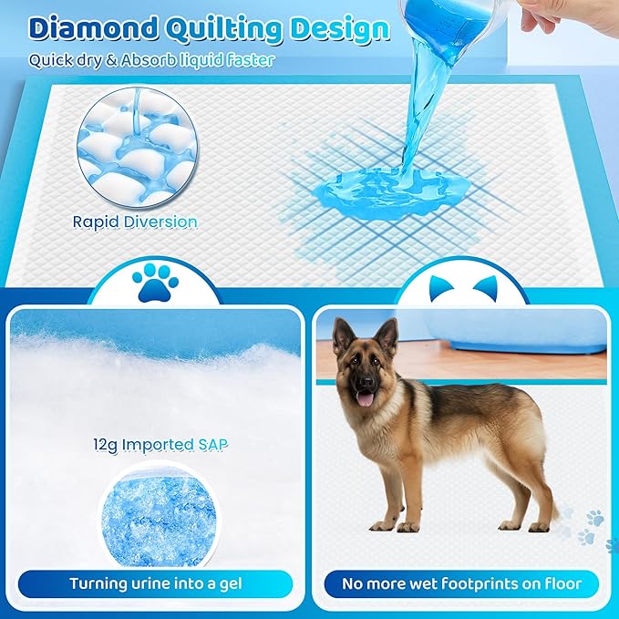 Upgrade Leak-Proof Pet Training and Puppy Pads, Jumbo Pee Pads for Dogs with Thicken Polymer Heavy Absorbency, Quick Dry Disposable Pee Pads for Cats Dogs (100, Regular 30''x36'')
