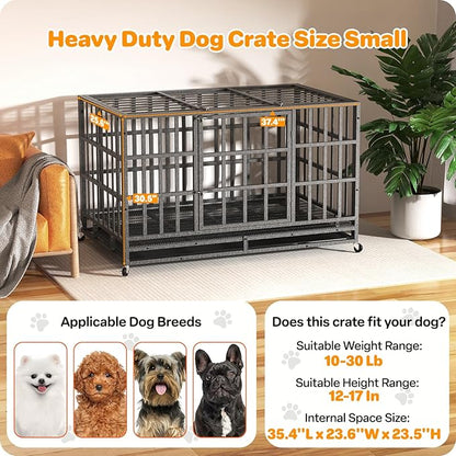 Hiwokk 38 Inch Heavy Duty Dog Crate, Indestructible Escape-Proof Dog Kennel for High Anxiety Large Dogs, Strong Metal Pet Cage with Double Doors, Lockable Wheels & Removable Tray, XL XXL XXXL
