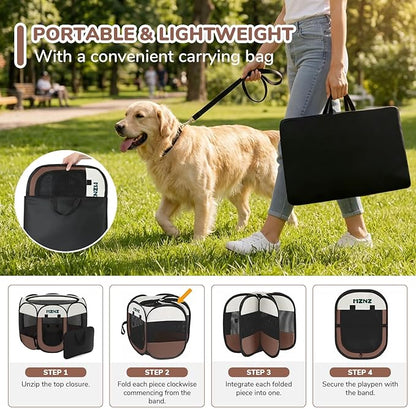 Dog Cat Playpen, Portable Puppy Pet Crate Indoor for Small Dogs Cats Rabbits, Foldable Dog Cage Enclosure for Outdoor, Pop Up Dogs Tent Kennel with Carrying Case, Brown