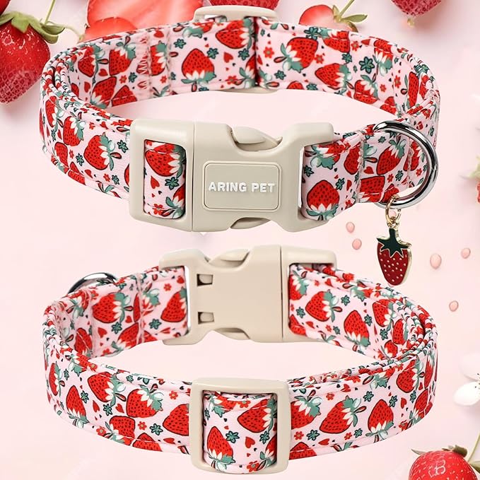ARING PET Strawberry Dog Collar, Cute Summer Pink Pet Collars with Quick Release Buckle for Puppy Small Medium Large Boy Girl Dogs-L