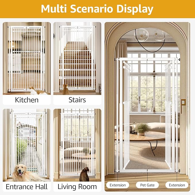 78.8" Extra Tall Cat Gate, 28.3-33" Wide Dog Door, Pressure Mounted Easy Walk Through Safety Metal Pet Gate for Doorway, No Drilling Cat Proof Gate (White)