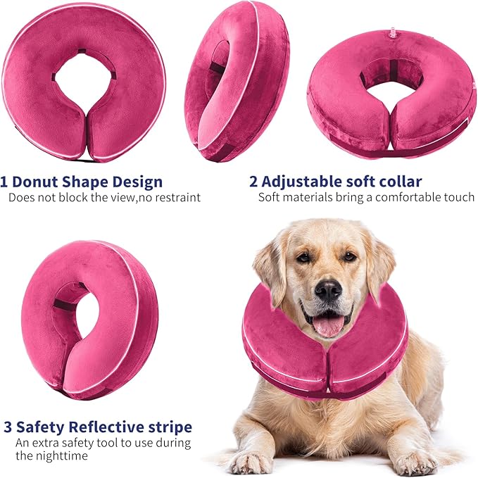 Inflatable Reflective Dog Cone Collar Alternative After Surgery,Doggie Recovery Dount Neck Ecollar,Adjustable Soft Dog Cone Collar for Small Medium Large Dogs (Pink, L)