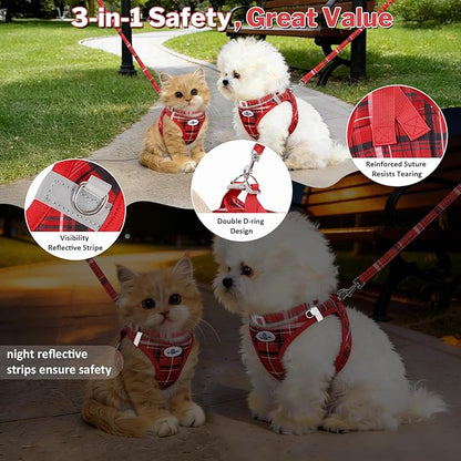 Gyuzh No Pull Dog Harness - 3-in-1 Step in Harness Collar Leash Set for Small Dog Walking & Training, Easy Walk Style, Lightweight Plaid Vest (Red, M)