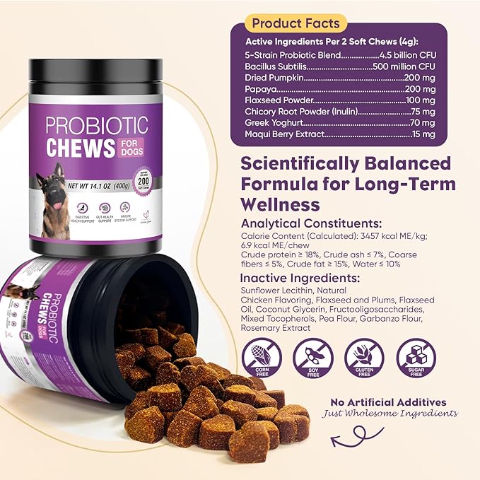 Probiotics for Dogs 200pcs Dog Probiotics for Digestive Health Digestive Enzymes and Prebiotic, Probiotic Chews for Dogs Support Gut Health, Relieve Diarrhea, Itchy Skin, Enhance Immunity