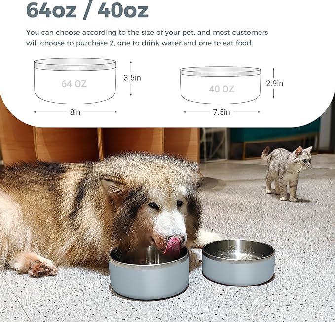 WENBOKMIN Dog Bowl, Stainless Steel Dog Food and Water Bowl with Non Slip Quiet Bottom, Easy to Clean, Dishwasher Safe, 64oz, Light Grey