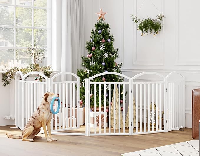 Folding No-Assembly Freestanding Dog Gate with Door,32" Heights Foldable Pet Fence,144" Extra Wide Accordion Puppy Folding Playpen for Doorways,House,Stairs (6 Panels,White)