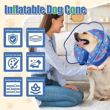 Inflatable Collar After Surgery, Adjustable Cute Calming Puppy Collar with Soft Padding, Pet Prevent Scratches Anti Licking Collar for Small Medium Large Dogs (Blue, M)