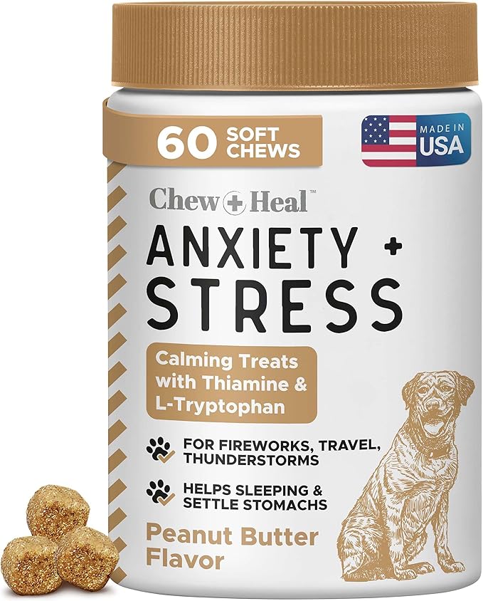 Chew + Heal Labs Calming Chews for Dogs - 60 Peanut Butter Melatonin Dog Sleep Aid & Calming Dog Treats with Thiamine, L-Tryptophan & Ginger
