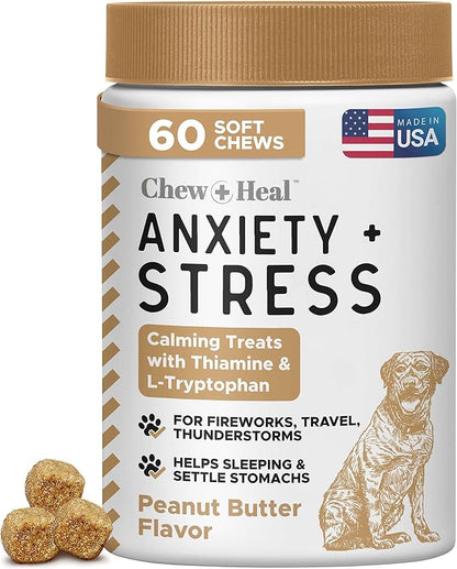 Chew + Heal Labs Calming Chews for Dogs - 60 Peanut Butter Melatonin Dog Sleep Aid & Calming Dog Treats with Thiamine, L-Tryptophan & Ginger
