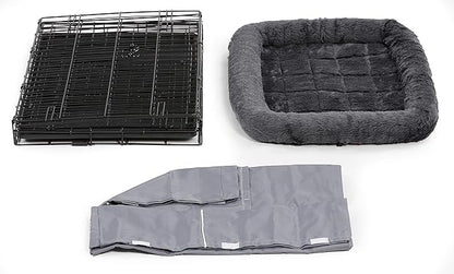 MidWest Homes for Pets Double Door 30-inch Dog Crate Kit, Bundle Includes a Two-Door Cage, Matching Gray Bed and Crate Cover, For Medium-Sized Breeds