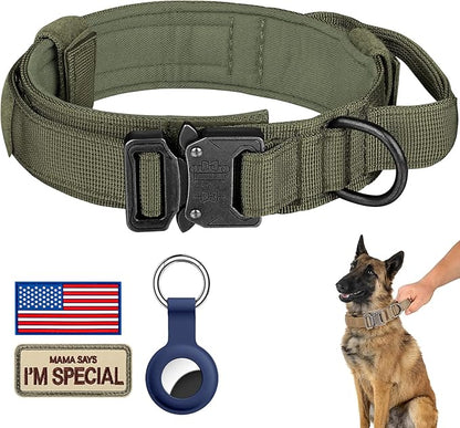 DAGANXI Tactical Dog Collar, Adjustable Military Training Nylon Dog Collar with Control Handle and Heavy Metal Buckle for Medium and Large Dogs, with Patches and Airtags Case (XL, Green)