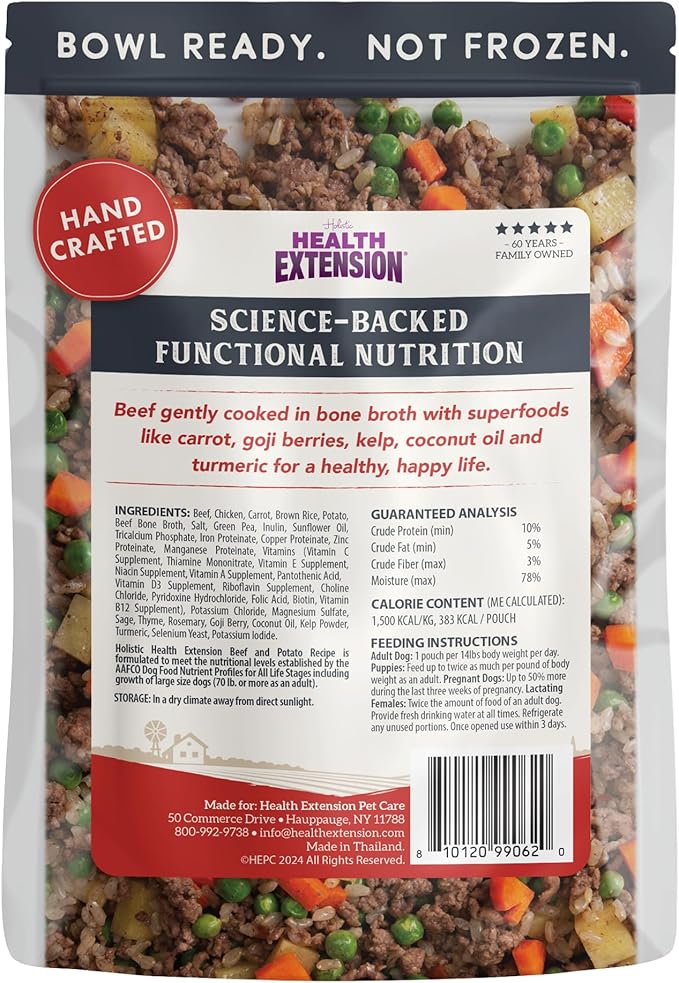 Health Extension Gently Cooked Beef & Potato Dog Food, Human-Grade and Shelf-Stable with Superfoods, Supports Digestion, Immunity, Skin & Coat, 9 oz Pouch (Pack of 10)