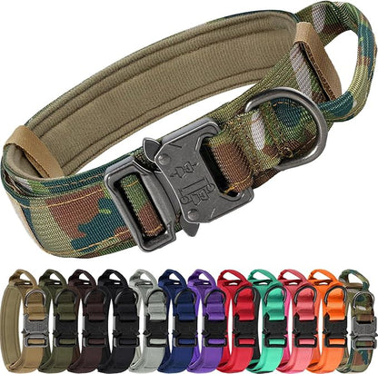 Joytale Tactical Dog Collar with Handle and Metal Buckle, Heavy Duty Padded Military Collar with 2 Patches for Training, Adjustable for Medium Dogs, Camouflage, M