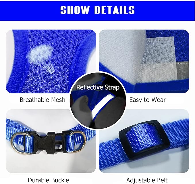 FEimaX Dog Harness and Leash Set for Walking, Soft Mesh Adjustable Easy Control Lightweight Cat Vest Harnesses with Reflective Strips, Escape Proof Small Dogs Cats Vests (Blue, X-Large)