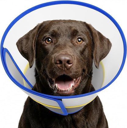 Queenmore Dog Cone - Soft Cone for Dogs to Stop Licking Transparent Elizabeth Recovery Collar for Large Dog Flexible Plastic Cones for Dogs After Surgery, Normal Eating and Drinking, Blue Large
