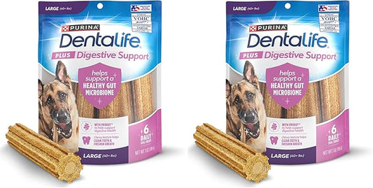 Dentalife Plus Digestive Support Dog Treats for Large Dogs 40 lbs. and up, Cleans Teeth, Freshens Breath, & Supports Healthy Gut, Chicken & Pumpkin Flavor, 7 oz., 6 Chews - 6 ct. Pouch (Pack of 2)