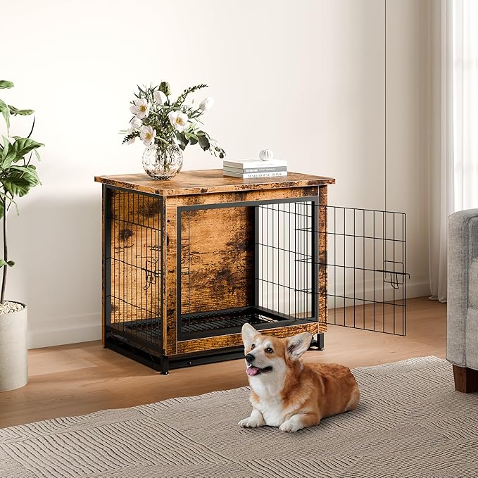 Vongrasig Dog Crate Furniture, Side End Table, Modern Wooden Kennel for Dogs Indoor, Heavy-Duty Dog Cage with Multi-Purpose Removable Tray, Double-Door Dog House, Rustic Brown