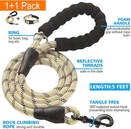 Ladoogo Reflective Dog Collar Padded with Soft Neoprene Breathable Adjustable Nylon Dog Collars for Small Medium Large Dogs (Small (Pack of 1), Vanilla Collar+Leash)