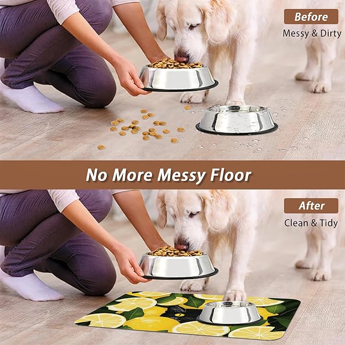 Black Cat Funny Dog Food Mat for Floors,Lemon Absorbent Pet Food and Water Bowl Mats,Non-Slip Pet Feeding Mat,Pet Supplies 16" x 24"